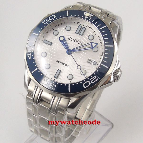 41 mm bliger sterile white wave dial sapphire glass 316l stainless steel bracelet automatic mens watch b358, Slivery;brown