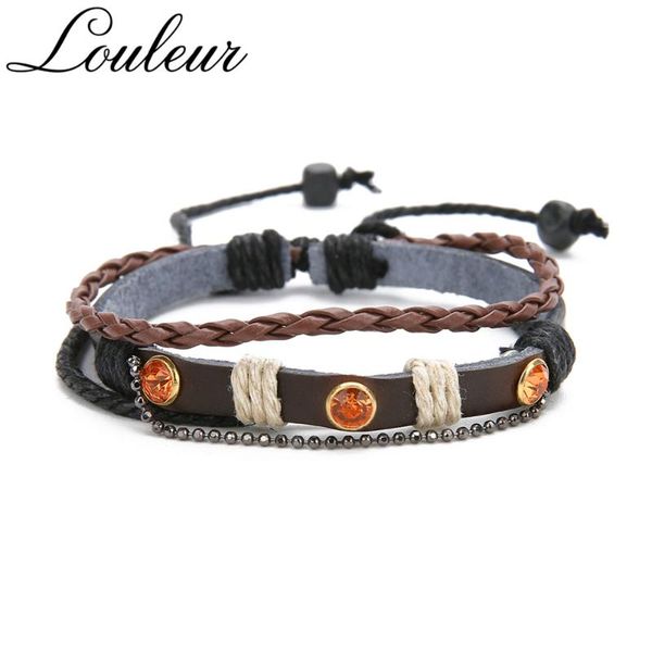 

charm bracelets louleur 2021 vintage rope leather bracelet for men women colorful crystal beads chain braided jewelry gift wholesale, Golden;silver
