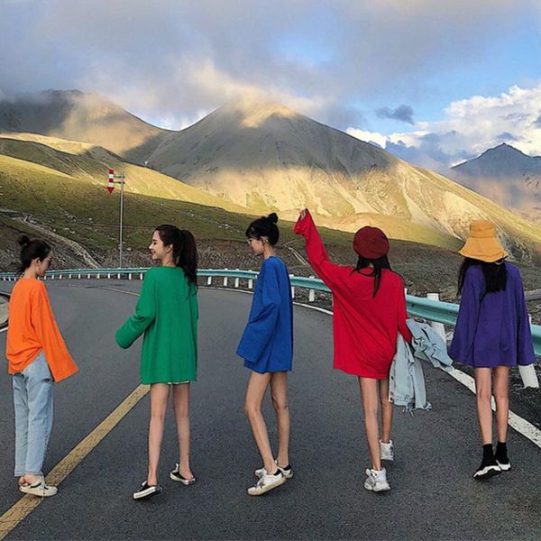 

long sleeve t-shirts women spring solid long-style loose ins oversize casual fashion female t-shirt simple all-match korean women's, White