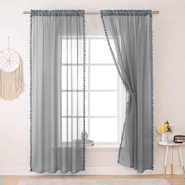 

window screening grey curtains tulle drape ball panel rod pocket pompom solid curtain sheer gauze valance & drapes