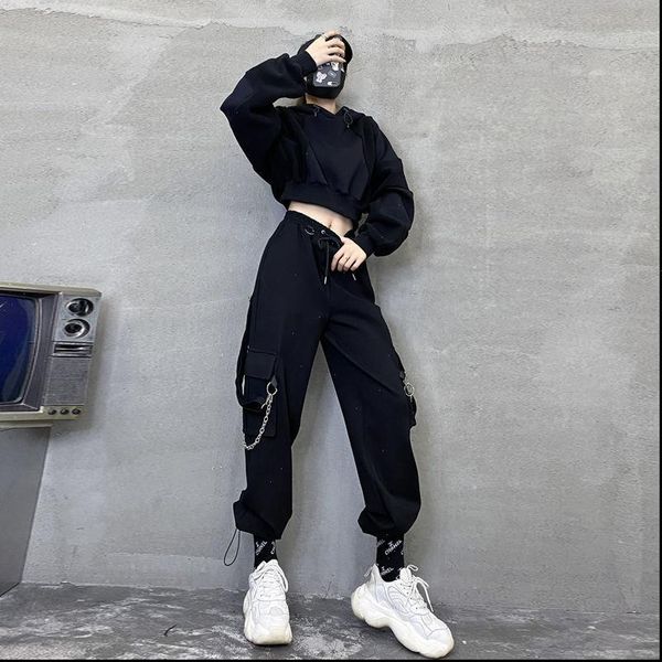 

punk oversized cargo gothic streetwear women pant black chain harajuku hippie korean street style trousers female hip hop, Black;white