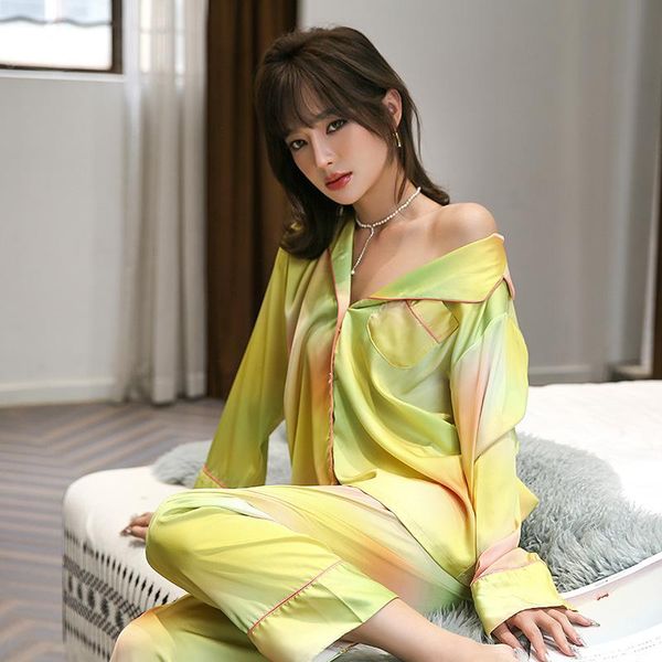 

women's sleepwear summer luxury lapel pajamas brand women ice silk sets homewear cardigan long sleeve satin, Black;red