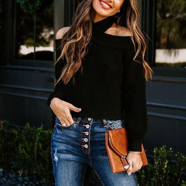 

women's sweaters winter clothes pullover women fashion casual sweater off shoulder solid color slim knit korean style halter, White;black