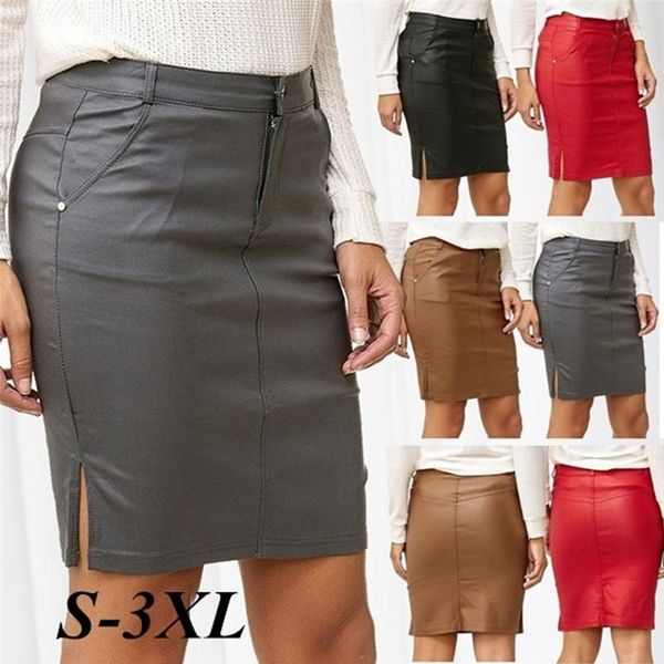 

office lady zipper up faux leather skirts intellectual split hip tight pu mini skirt, Black