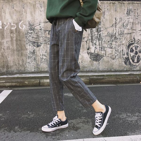 

fashion women plaid pants casual high waist pockets loose ankle-length harem trouser korean style retro chic girls women's & capris, Black;white