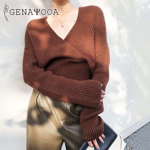 

genayooa v-neck chic korean style pullover jumper pull femme autumn winter knit women sweater 210417, White;black