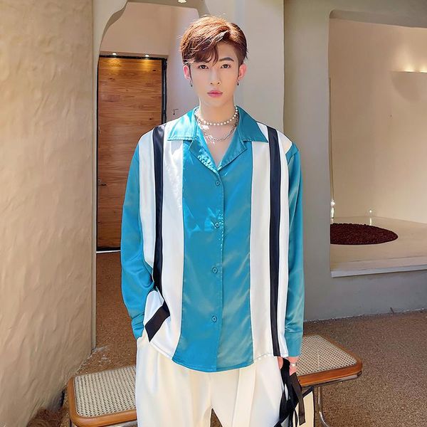 

men's casual shirts net celebrities shirt men satin style splice stripe long sleeve loose male korean trend fashion party, White;black