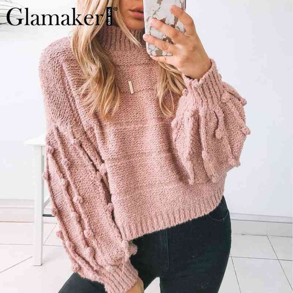 

glamaker pink turtleneck winter sweatwer women lantern sleeve casual sweater jumper fashion warm short retro ladies sweater 210414, White;black