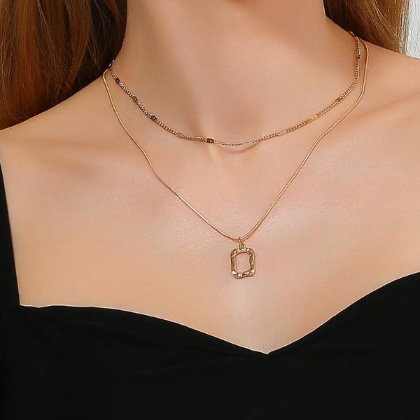 

chokers simple square pendant multi-layer necklaces for women charm gold silver color fashion jewelry, Golden;silver
