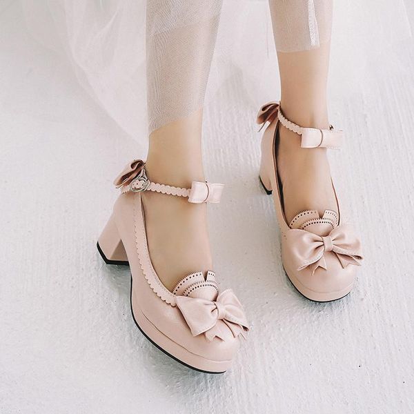 

dress shoes pink lolita platform bow woman pumps high heel ankle strap block heels cute ladies gold plus size 44 45 46, Black