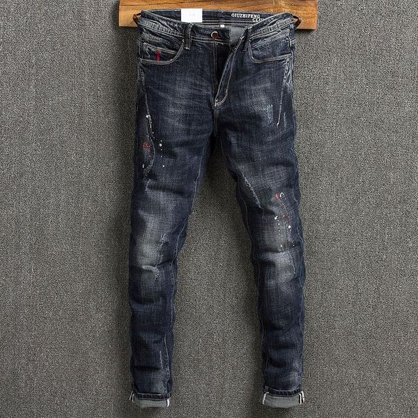 

fashion streetwear men jeans retro black blue elastic slim fit ripped for painted designer hip hop denim punk pants men's