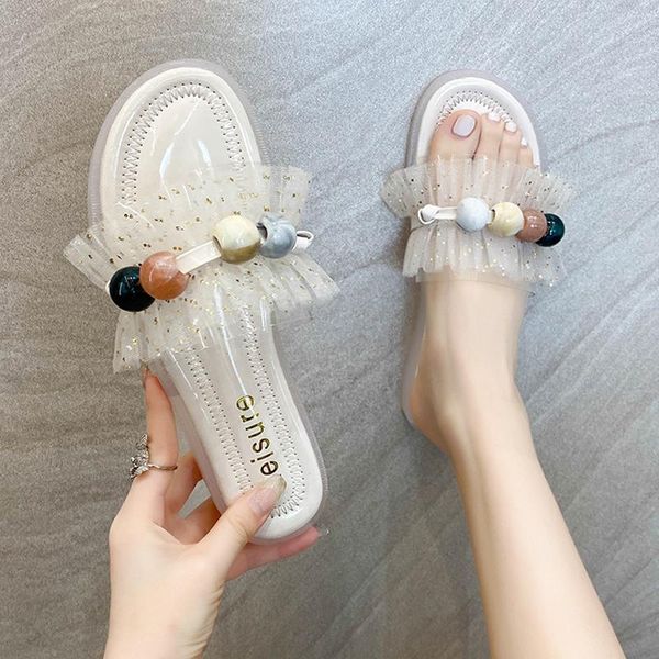 

shoes woman 2021 slippers casual shale female beach string bead pantofle low lady butterfly-knot luxury sabot summer soft flat n, Black