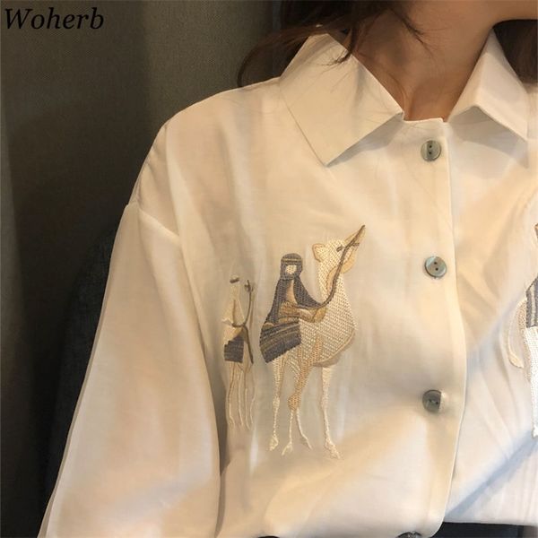 Harajuku Streetwear Bluse Frauen Stickerei Weißes Hemd Volle Hülse Beiläufige Lose Weiblichen Koreanischen Stil Blusas Sommer 25949 210519