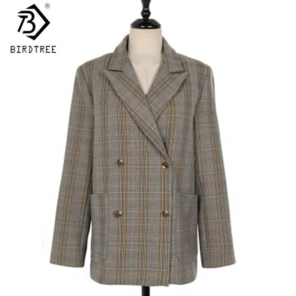 

autumn notched woman coats plaid women blazers double breasted long sleeve pockets slim outerwear all match c08608k 210419, White;black