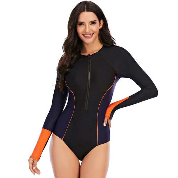 

long sleeve one piece swimsuit plus size swimwear women black bathing suit patchwork beachwear backless swim wear one-piece suits