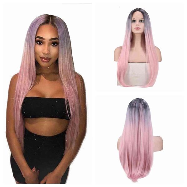 

wig selling new front lace chemical fiber three color gradient split women's long straight head cover, Black;brown