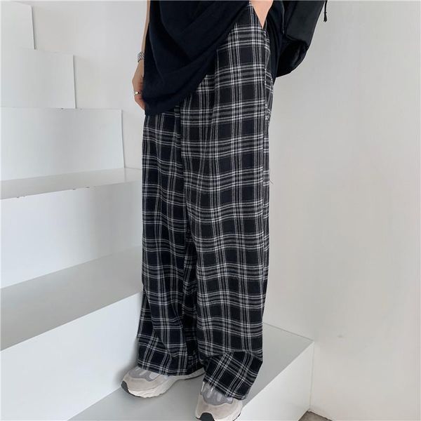 

plaid casual chic oversize womens pant 3xl loose wide leg trousers retro harajuku hip hop all match streetwear, Black;white