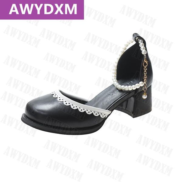 

sandals women mid heels chunky shoes 2021 spring autumn platform shallow mary jane lolita pu leather dress pumps lady, Black