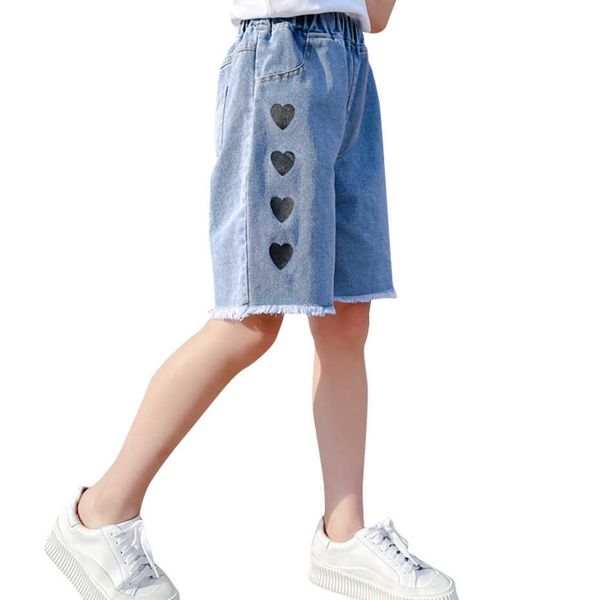 

jeans for girl ripped short heart pattern children's summer clothing 210528, Black