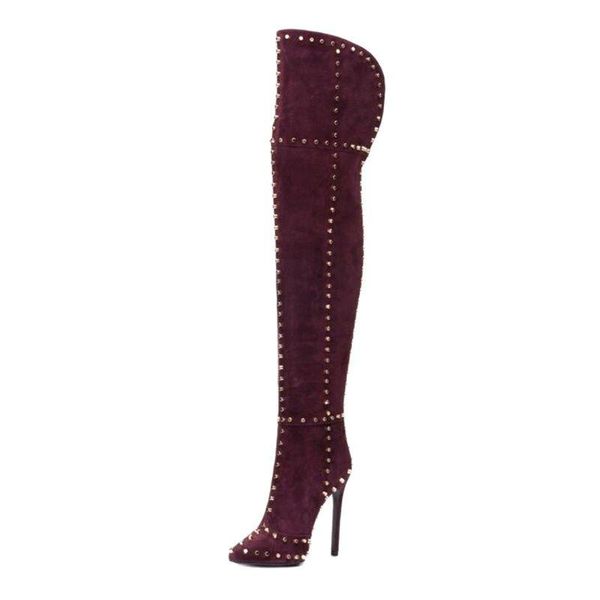 

boots woman autumn winter gold rivets studded wine red thigh high pointed toe back big v hollow ladies shoes, Black
