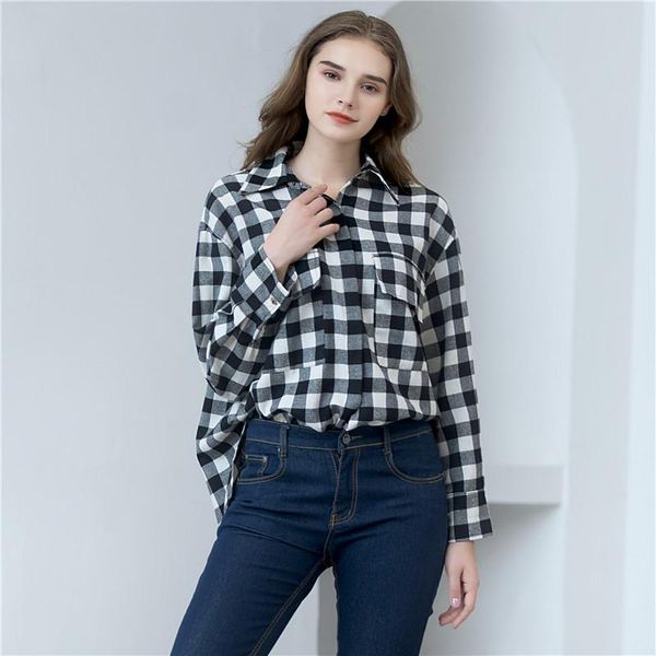 

women's blouses & shirts black and white plaid shirt women loose long sleeve symmetrical frayed hem office lady blouse chic casual chem