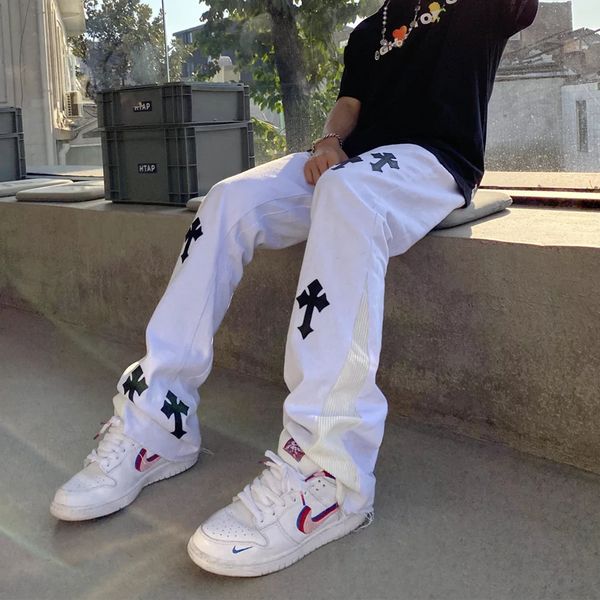 

crosin hiphop american high street spring and autumn white cross trumpet pants for men, White;black