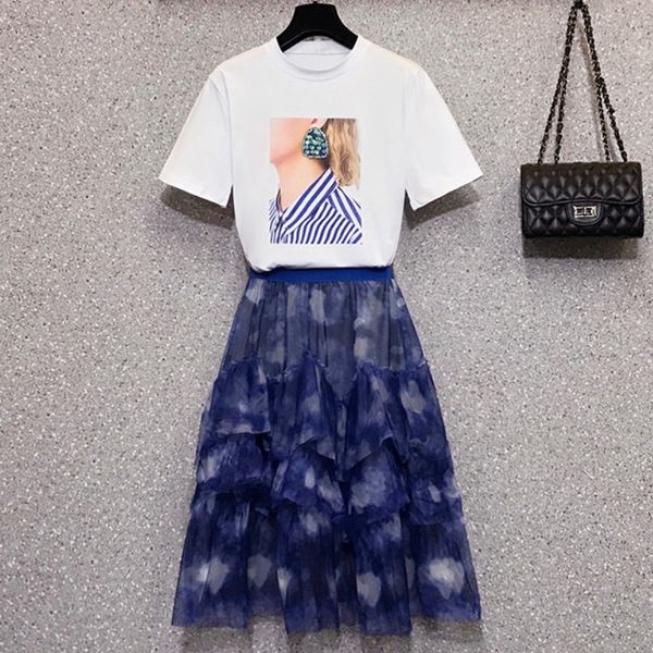 

summer women's two piece set casual short sleeve t-shirt + elastic waist mesh ruffles skirt set ladies skirt suits 210518, White