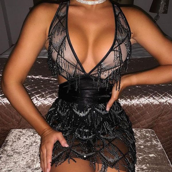 

sparkle backless tassel sequin dress women sequins fringed v neck bandage vestidos party night club bodycon outfits casual dresses, Black;gray