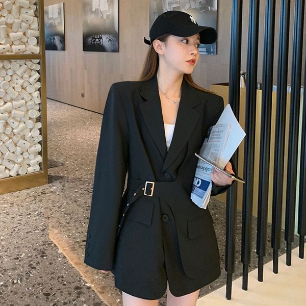 

women's suits & blazers [ewq] autumn female office lady notched collar long-sleeved single breasted loose black lace up minimalist blaz, White;black
