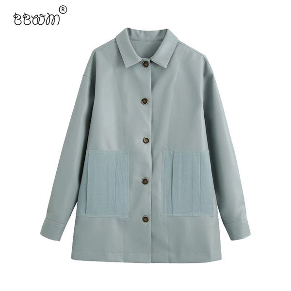 

women fashion mint pockets faux leather loose jacket vintage long sleeve buttons coat female chic outerwear 210531, Black