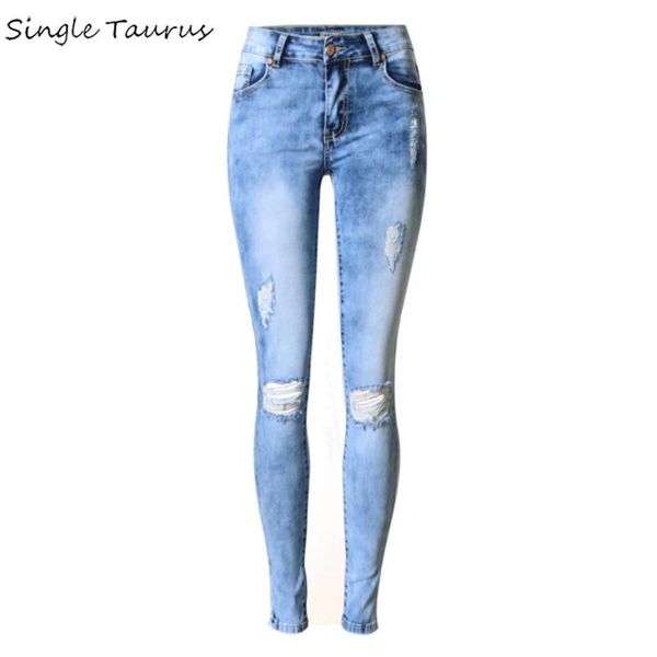 

women's jeans 2021 spring washed bleached skinny elasticity slim denim pants pantalon femme vintage hole blue ripped for mujer