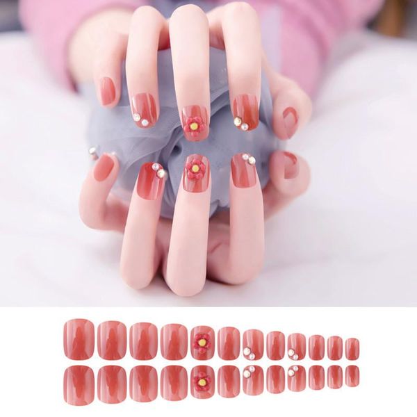 

nail gel fake nails deep caramel sweet flowers white stickers finished 24 with glue, Red;pink