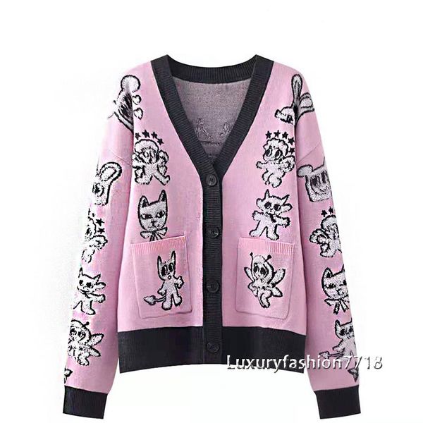 

women's sweaters female fashion luxury cartoon style jacquard cardigans unique breasted pocket cardigan design long knit sweater sleeve, White;black