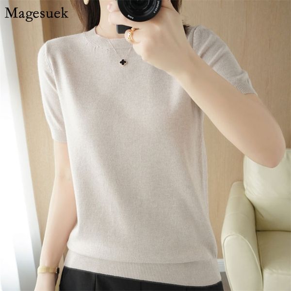 

summer knitted blouses women casual thin o-neck loose short sleeve blouse plus size solid female shirts blusa 14645 210512, White