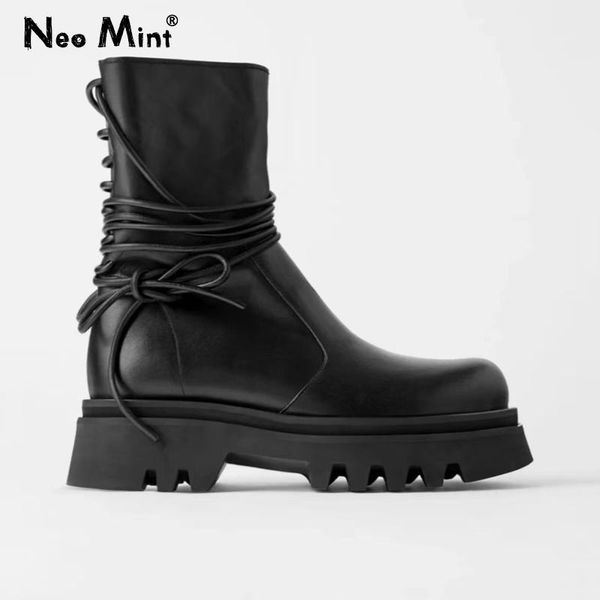 

boots 2021 brand designer women chunky chic ankle strap platform black leather for lace up shoes woman