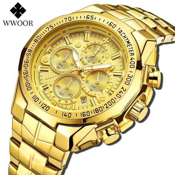 

wristwatches relogio masculino wwoor mens watches gold stainless steel quartz watch men waterproof sports chronograph clock, Slivery;brown