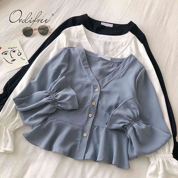 

summer women chiffon long sleeve vintage ruffle white blue blouse shirt 210415