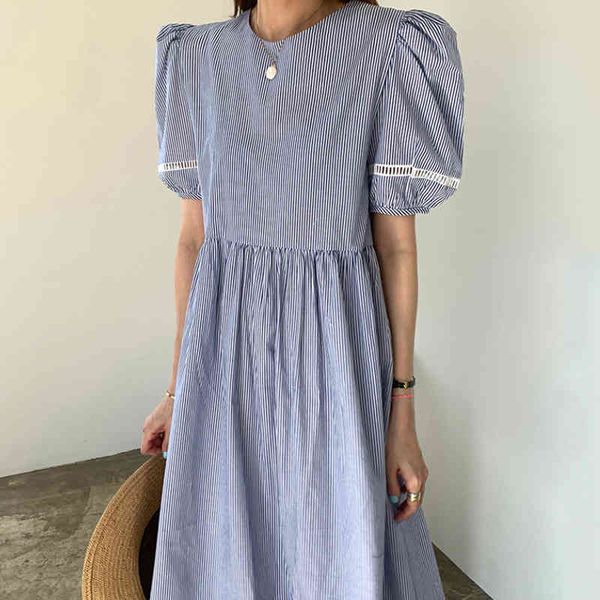 

[ewq] elegant striped dress women's summer new round neck lace spliced back button short puff sleeve mid-calf dresses 210423, Black;gray