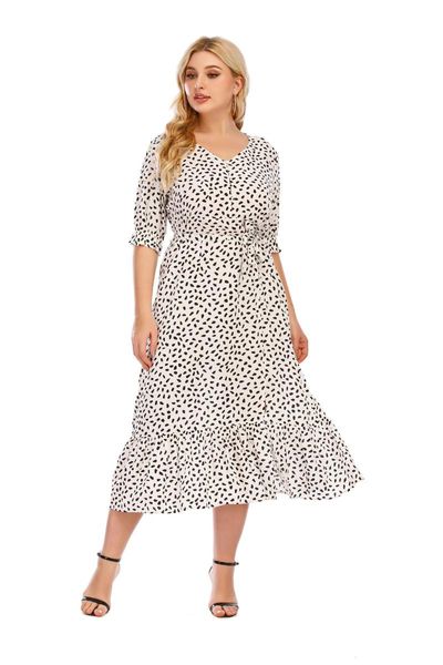 

plus size dresses floral dress women summer 2021 mid-sleeve v-neck a-line calf length casual and elegant hedging high waist appointment, Black
