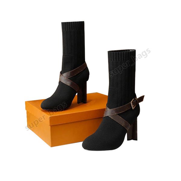

autumn winter sock heel boots fashion knitted elastic boot designer alphabetic women shoes lady letter thick high heels large size 35 to 43, Black