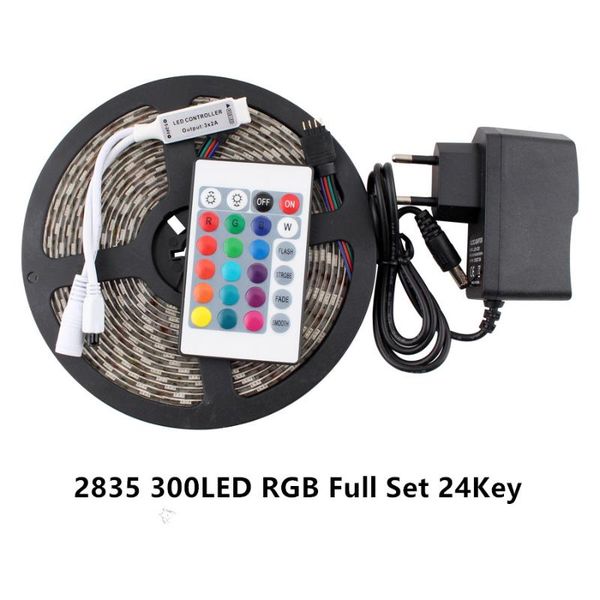 

strip light waterproof smd 2835 5m dc 12v strips tape diode flexible 24key remote controller + adapter set led