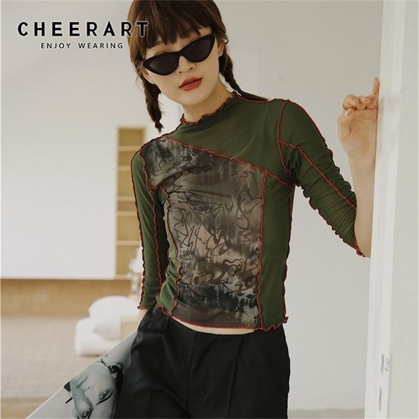 CHEERART Vintage Mesh Crop Top T Shirt Donna Maglietta stampata Summer High Neck Top Tee Shirts Femme Designer Ladies Top Aesthetic 210330