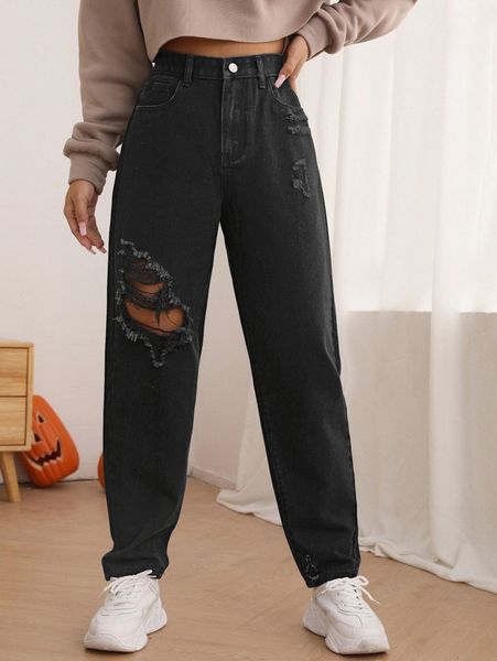 

high waist ripped mom jeans i65g#, Blue