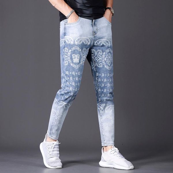 

men's jeans fashion geometric printed light blue slim fit ankle-length pants summer streetwear denim trousers
