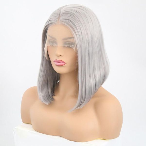 

grey synthetic lace front wigs for women short bob straight wig glueless half high temperature heat fiber hair1, Black