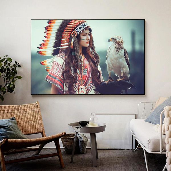

paintings beauty and vulture national costume girl pography high definition picture canvas micro spray style figure decoration painting