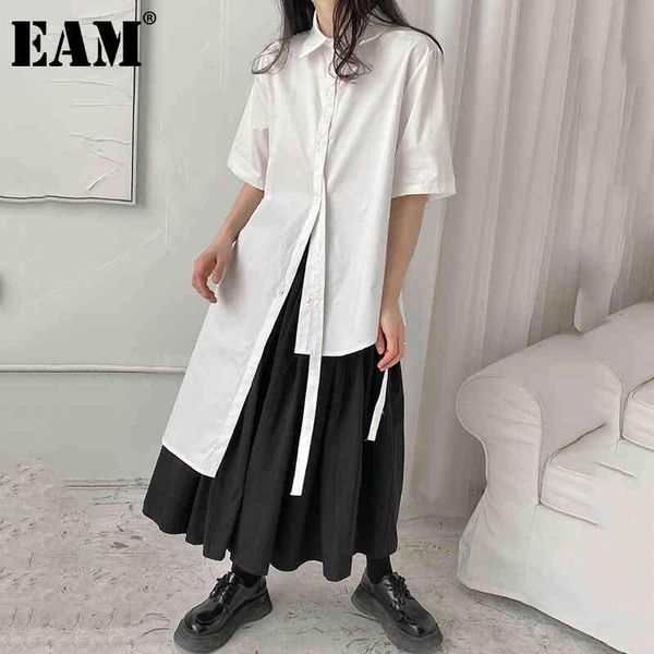 

[eam] women white big size asymmetrical blouse lapel half sleeve loose fit shirt fashion spring summer 1dd8315 21512