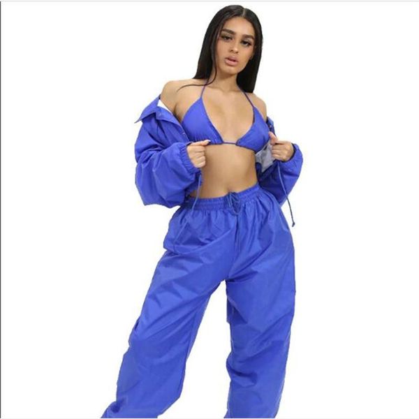 

women's two piece pants fashion four seasons tracksuits women wrapped chest super stretch short jacket + elastic waist sweatpants 3piec, White