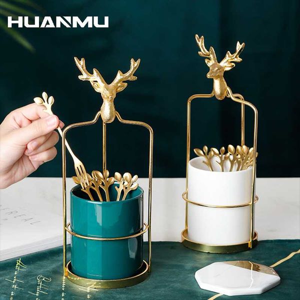

forks elk ceramic storage jar/tank+6pcs fruit fork set leaves luxury household stainless steel cake dessert flatware tools tableware