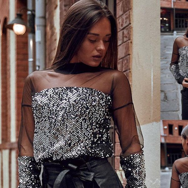 

spring fashion sequin mesh women shirt off shoulder long sleeve party blouse loose ladies o neck clubwear, White